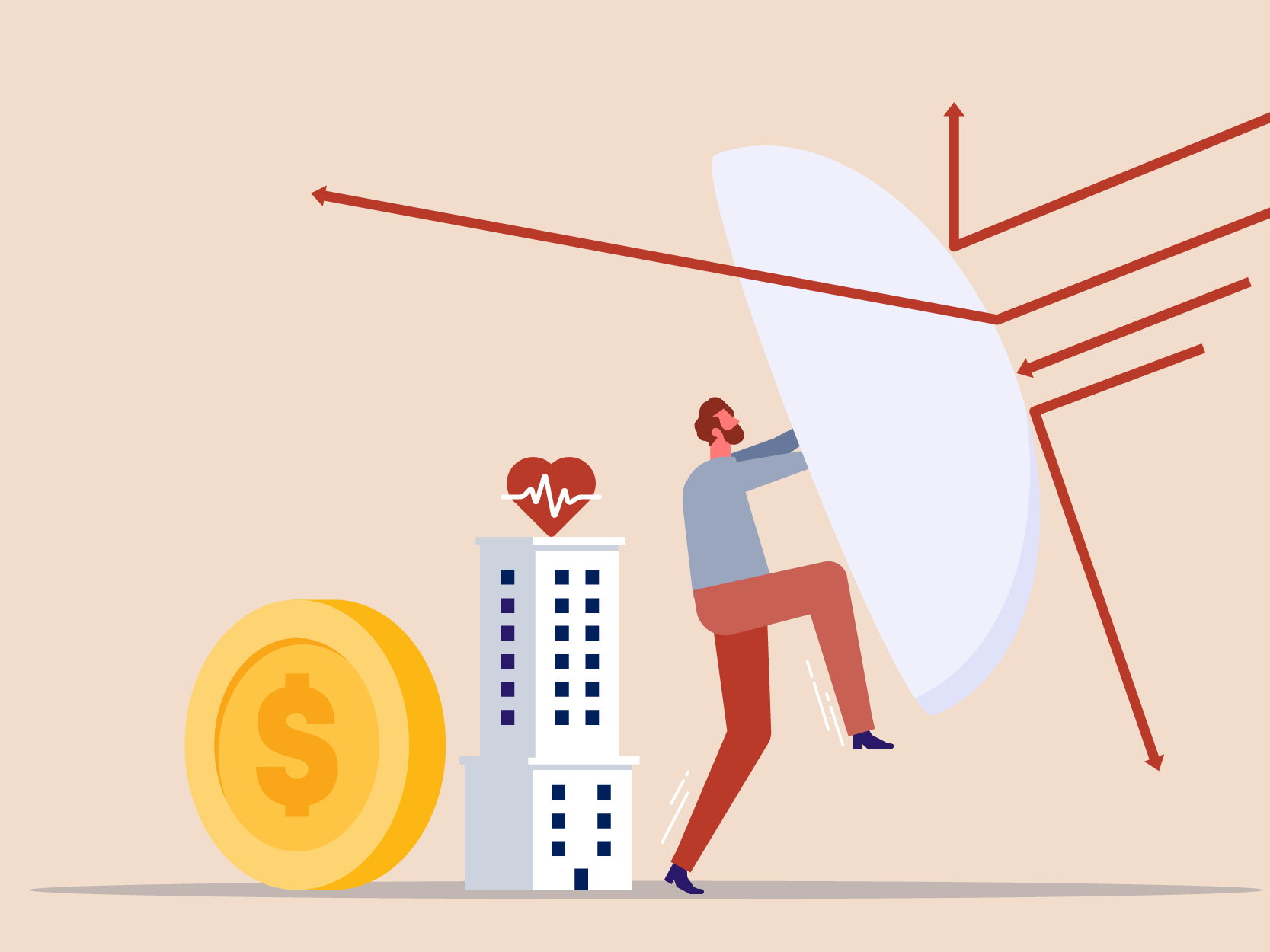 illustration, young man standing in front of hospital and large coin pushing off arrows with half dome shape