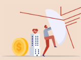 illustration, young man standing in front of hospital and large coin pushing off arrows with half dome shape