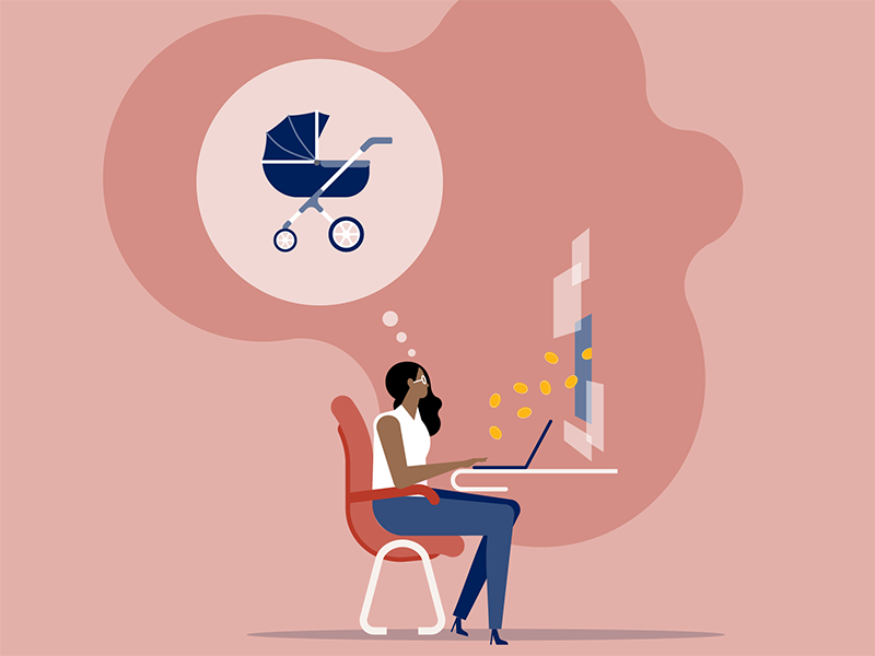 illustration, young woman seated at desk with laptop, baby carriage in thought bubble