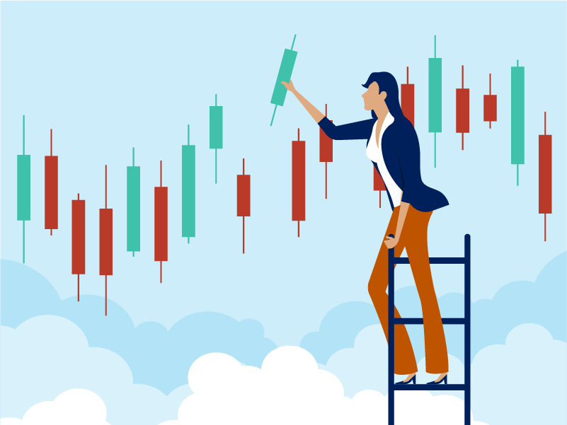 illustration, woman standing at top of ladder putting imaginary vertical bars on chart in clouds