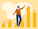 illustration, man standing in vertical bar and line chart pointing to highest point on chart