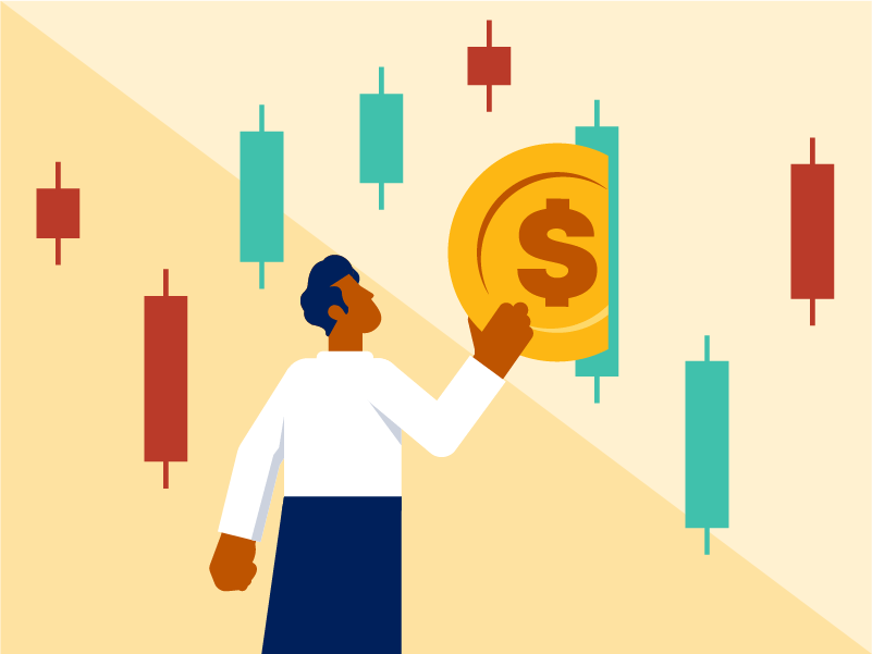 illustration, person putting large coin in imaginary slot, represented by vertical bars in a chart