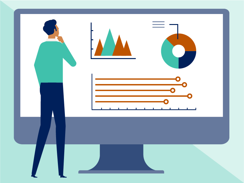 illustration, man with hand to chin standing in front of human size computer monitor looking at charts