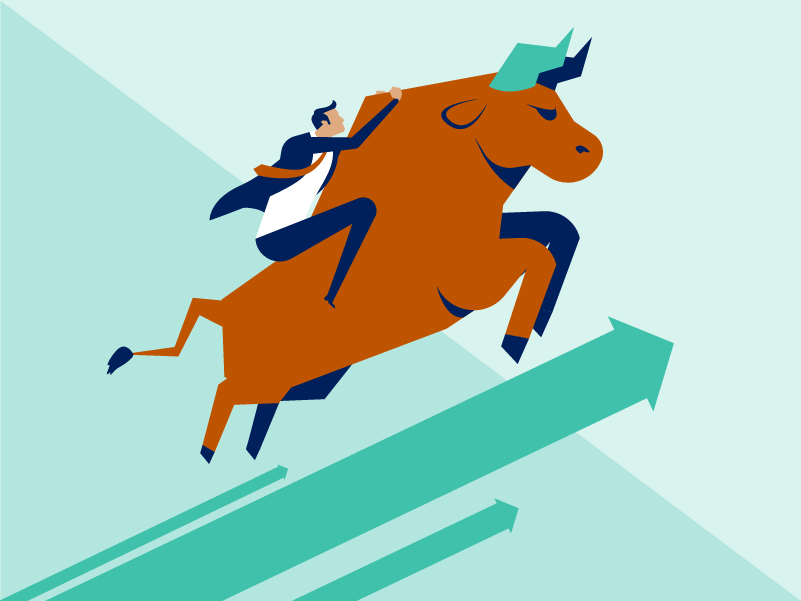 illustration, man riding bull up rising arrows in chart
