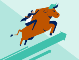 illustration, man riding bull up rising arrows in chart
