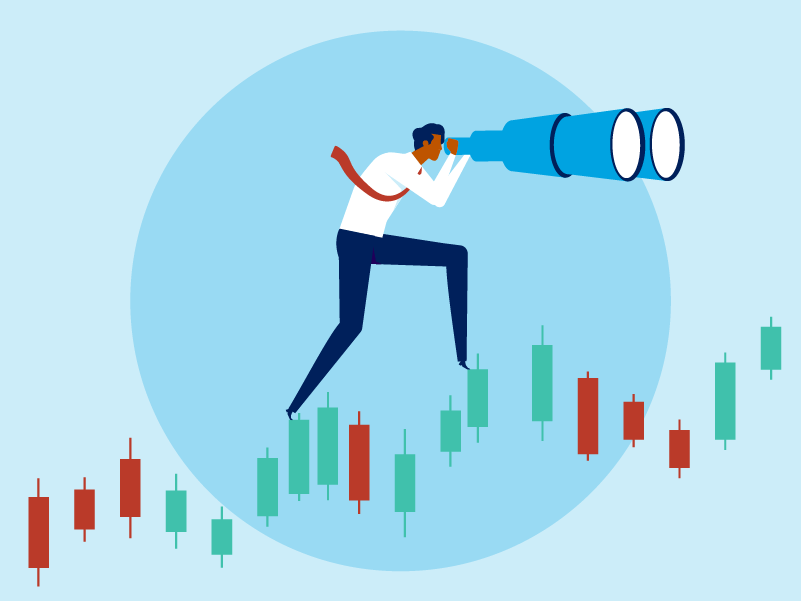 illustration, standing man with life size binoculars, standing on vertical bars of a chart