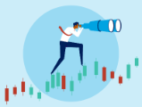illustration, standing man with life size binoculars, standing on vertical bars of a chart