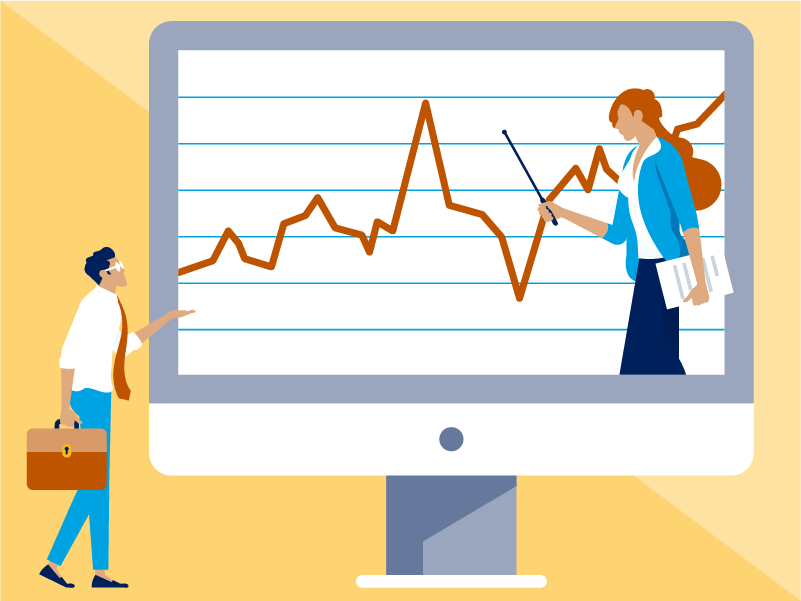 illustration, standing man next to life size monitor with teacher in monitor pointing to chart