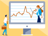 illustration, standing man next to life size monitor with teacher in monitor pointing to chart
