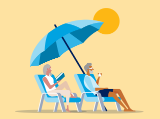 older man and woman seated in chairs on beach under umbrella