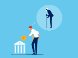 illustration, young man putting large coin into top of bank, thought bubble, older man with cane