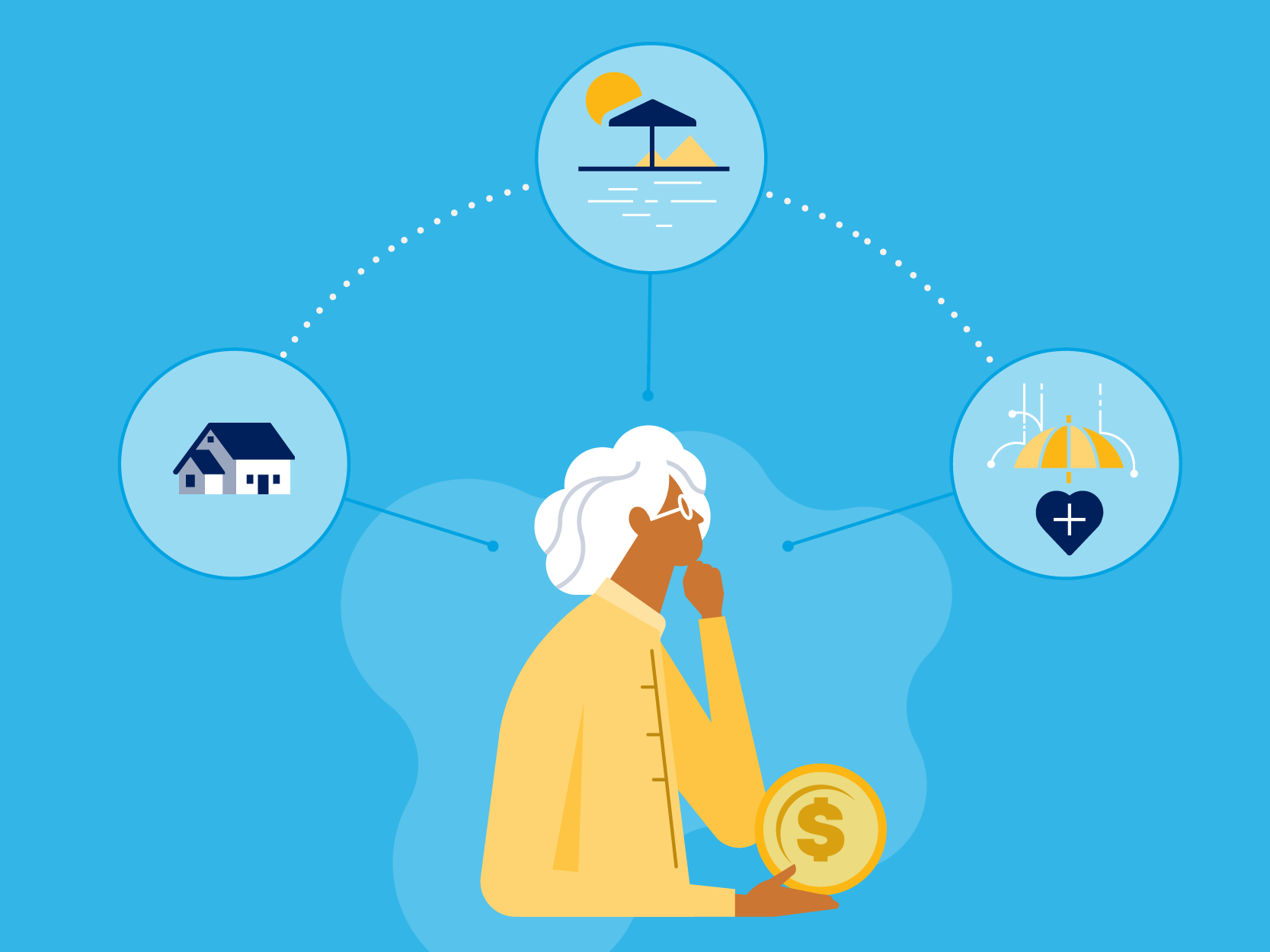 illustration, older woman, hand to chin, thinking, home, vacation, rainy day