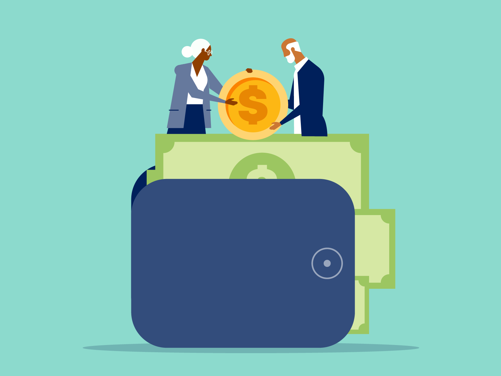 illustration, older couple holding huge coin, putting money away into a huge wallet