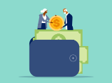 illustration, older couple holding huge coin, putting money away into a huge wallet