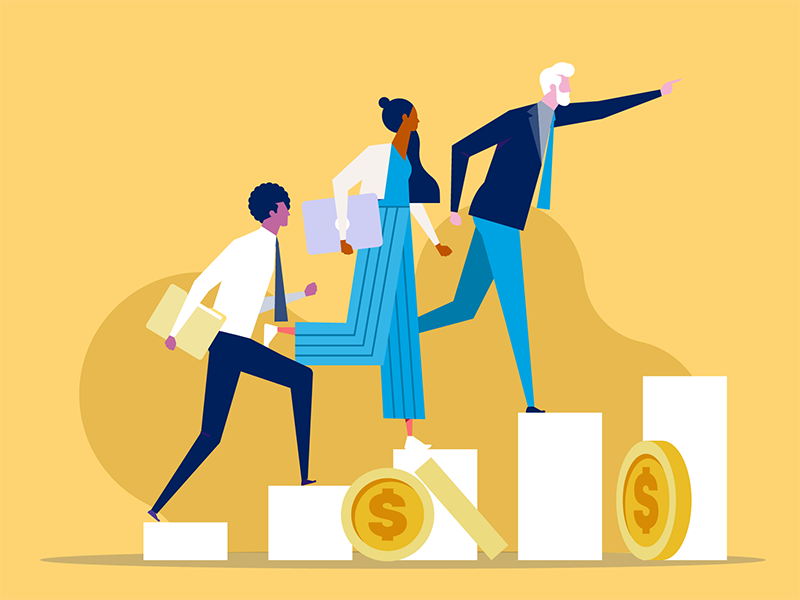 illustration, older man followed by younger woman and man up ascending blocks