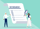 illustration, older man, younger woman, with magnifying glass, looking/planning retirement