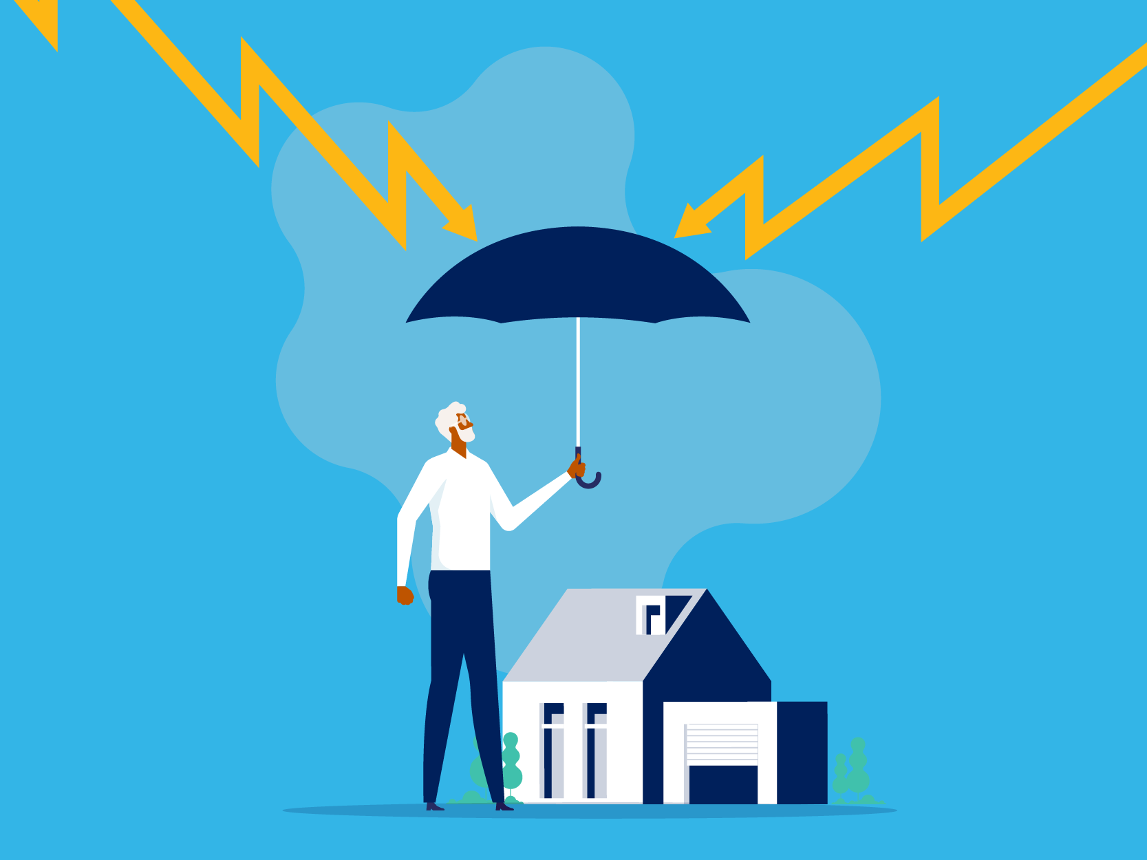illustration, standing older man with open umbrella protecting him and his house