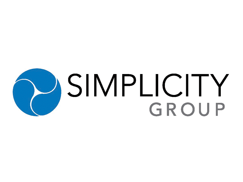 Simplicity Group logo with graphic blue circle shape and simplicity group text