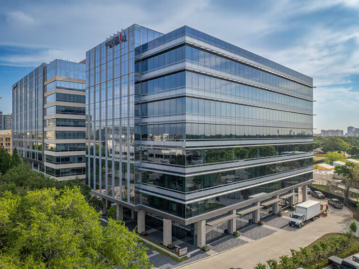 exterior aerial view of LPL Financial Linsco office building in City Center area of Houston, Texas