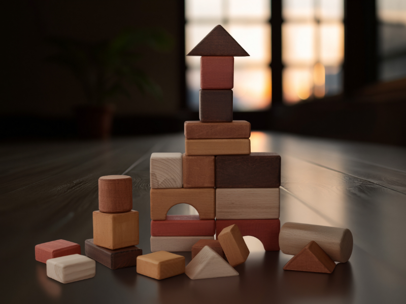 Variety of shapes of building blocks on the floor