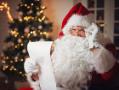 Santa Claus in front of a tree reading a list