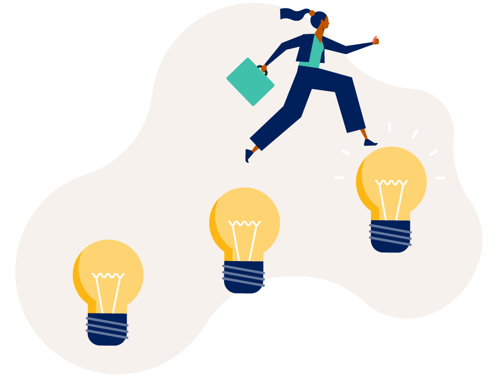 illustration, woman  stepping up 3 lightbulb stairs for wealth management solutions