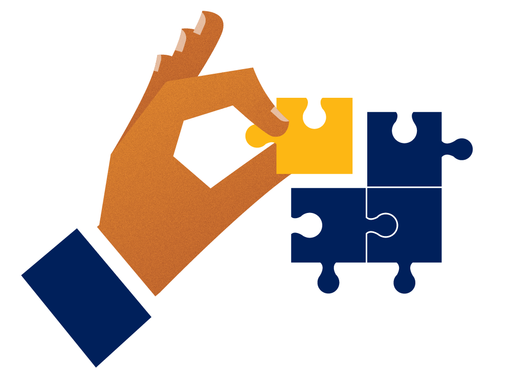 illustration, hand putting yellow jigsaw piece into open corner of blue puzzle for products