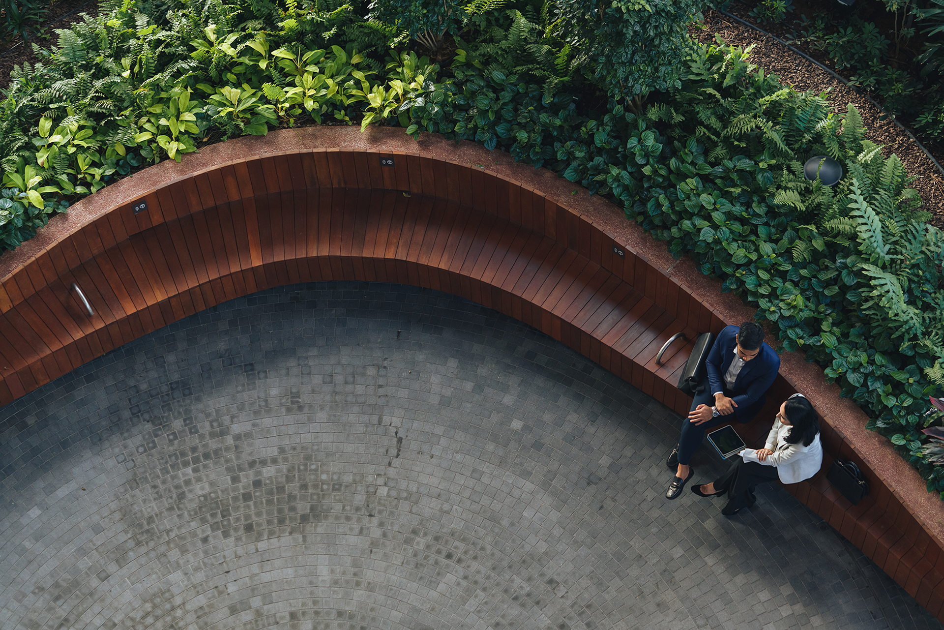 aerial view of a man and women sitting together