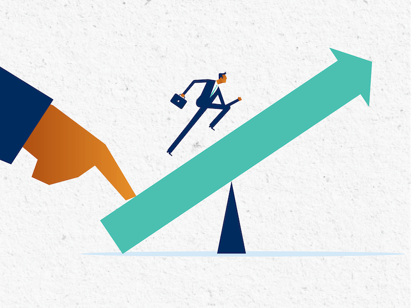 Illustration of a person in a suit running up an inclined arrow, balanced on a fulcrum, with a finger stabilizing it below