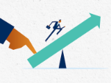 Illustration of a person in a suit running up an inclined arrow, balanced on a fulcrum, with a finger stabilizing it below