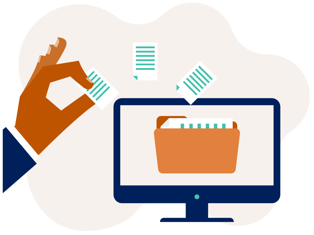 illustration, hand with tiny page of paper, with floating paper in to a file on computer screen