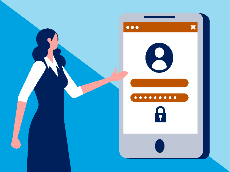 Young woman pointing to a phone login screen showing a lock and password field, blue background.