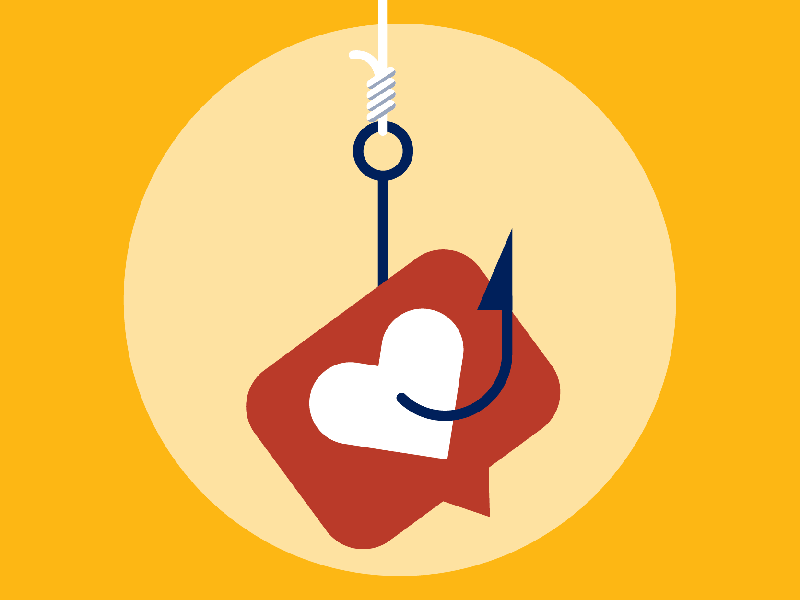 White heart pierced by a fish hook on a red chat bubble, symbolizing an online romance scam
