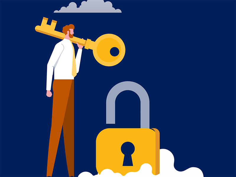 Man in cloud holding key with unlocked lock at his feet