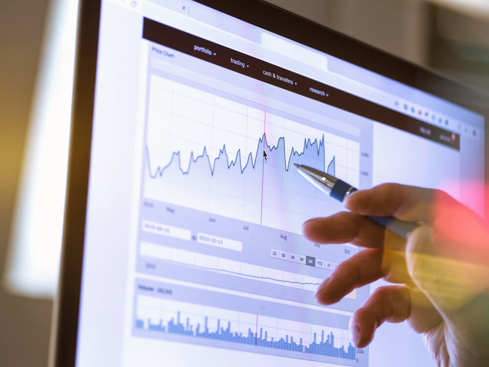 Hand holding a pen while pointing at a chart on a computer monitor.