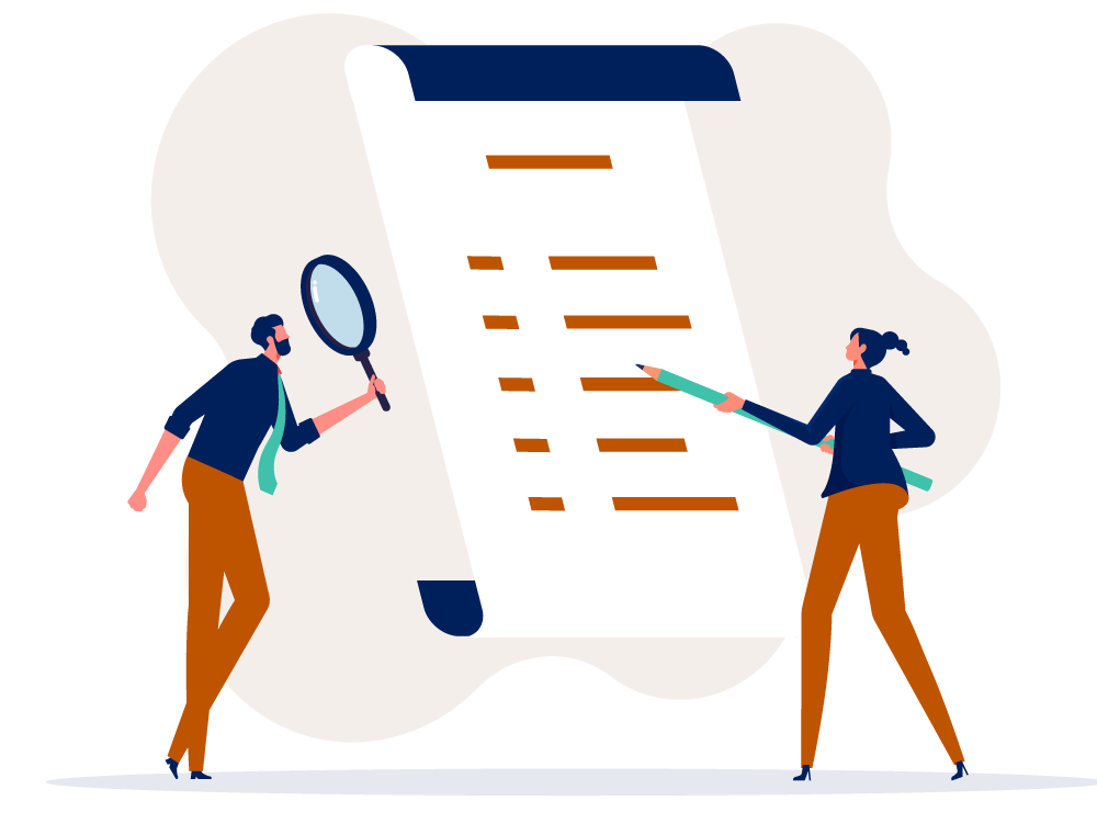 illustration, young man and woman, magnifying glass and pencil, looking at lines on paper in background