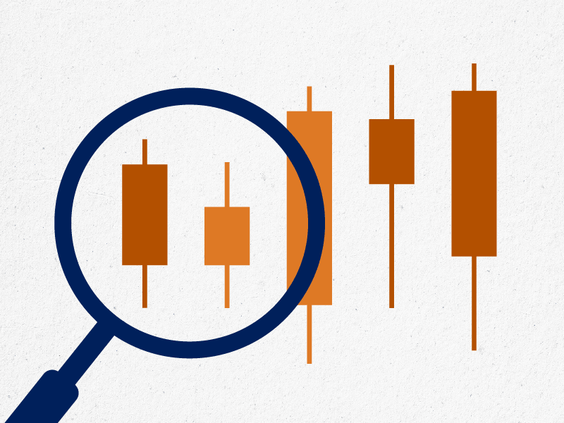 illustration, vertical candlesticks chart viewed through a magnifying glass