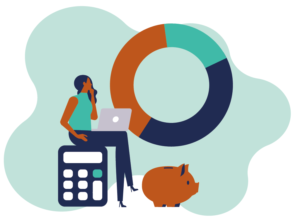 illustration, woman seated on stool, with laptop on legs, looking at progress chart.