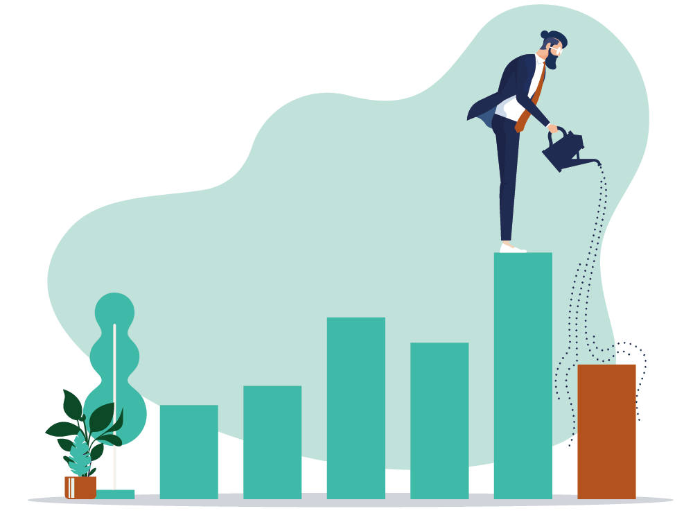illustration, vertical bar chart, man standing on tallest green vertical bar watering vertical bar needing growth