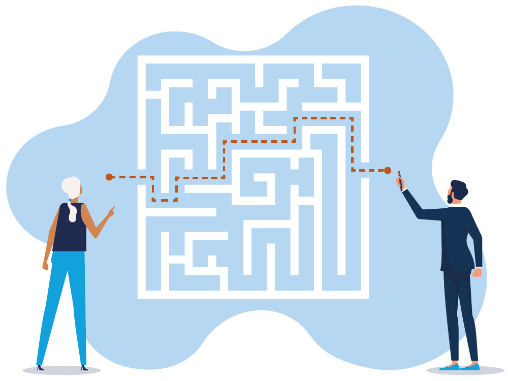 illustration, two advisors, on either side of an illustrated maze, pointing at each point
