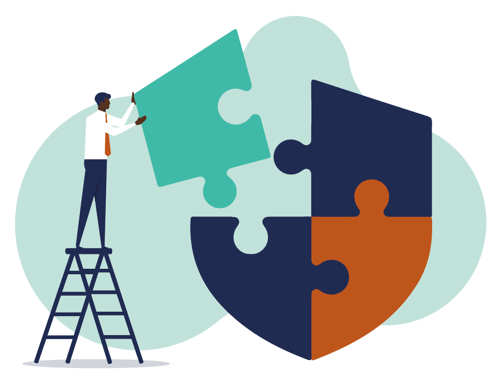 illustration, advisor on ladder placing puzzle piece into shield-like puzzle.