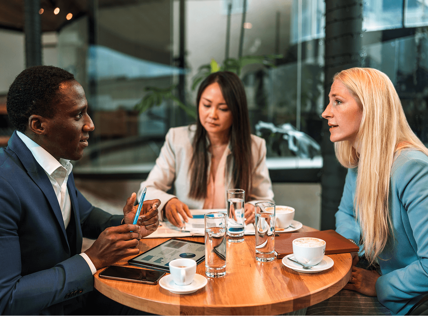 peope at a table talking