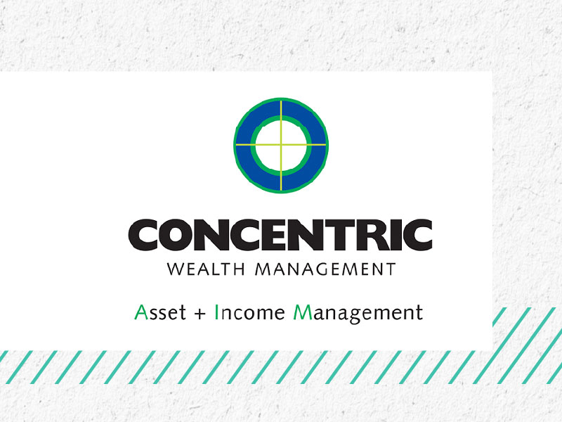 Concentric Wealth Management logo, and text, with circle and cross hair-like graphic, asset + income management text