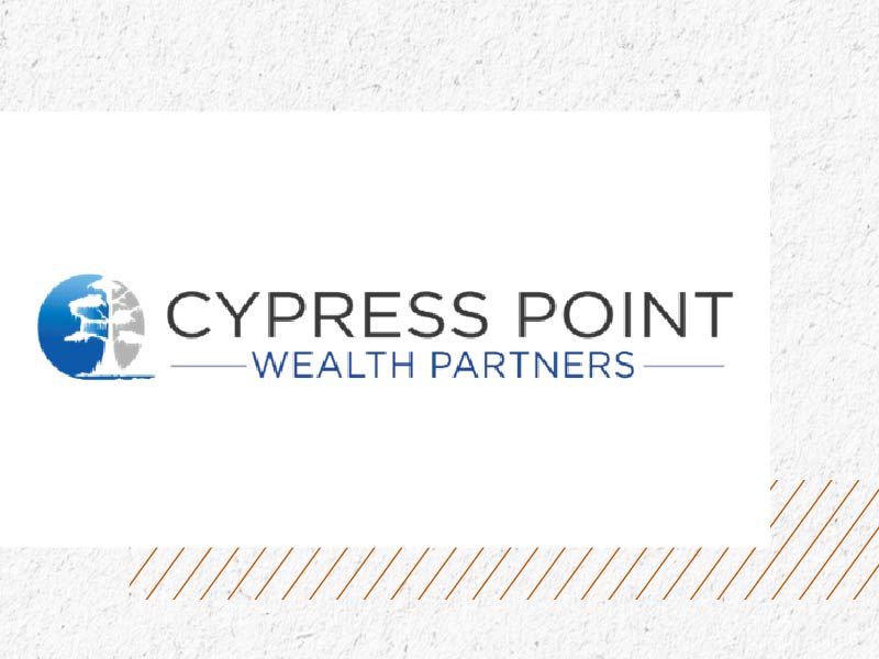 CYPRESS POINT WEALTH PARTNERS text with circular icon on left divided by black tree outline, set against split blue & white background 