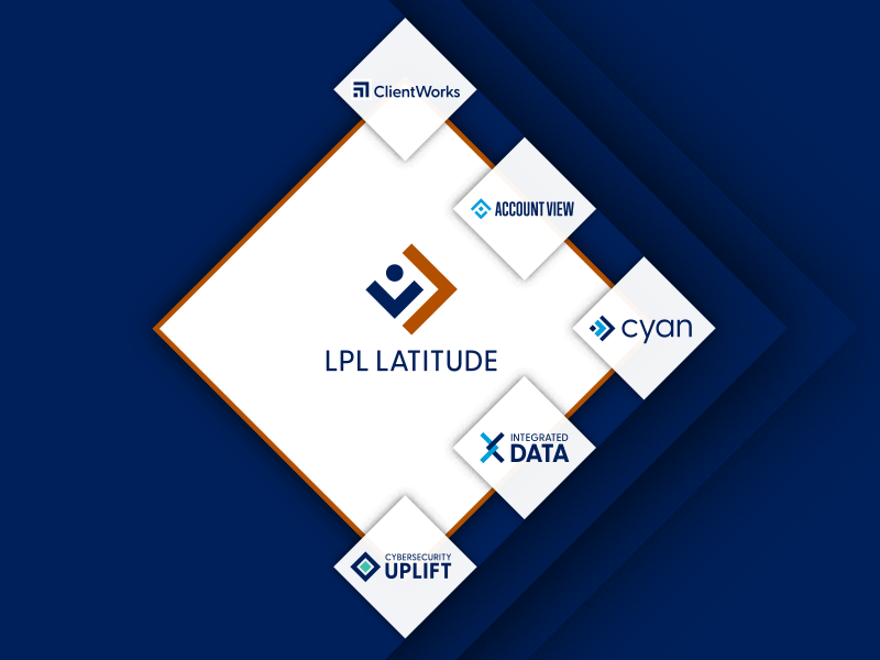 LPL LATITUDE logo and icon in diamond shape with associated LPL Latitude tool logos: ClientWorks, Account View, cyan, INTEGRATED DATA, CYBERSECURITY UPLIFT, on bottom and top of diamond's right side
