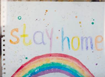 'stay home' message on children's painting and drawing image