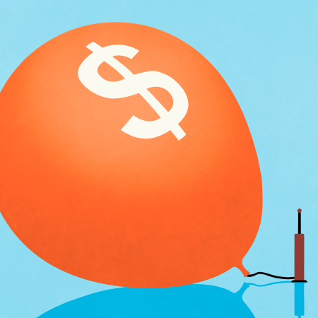 orange balloon with dollar sign attached to air pump graphic image